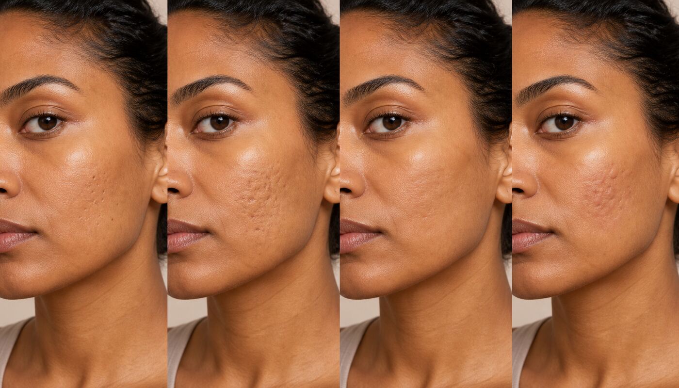 Original editorial image showing simplified acne scar patterns on one fictional adult under consistent lighting