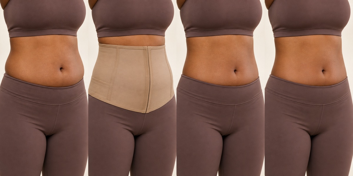 Illustrated body-contouring stages comparing early swelling with later contour change