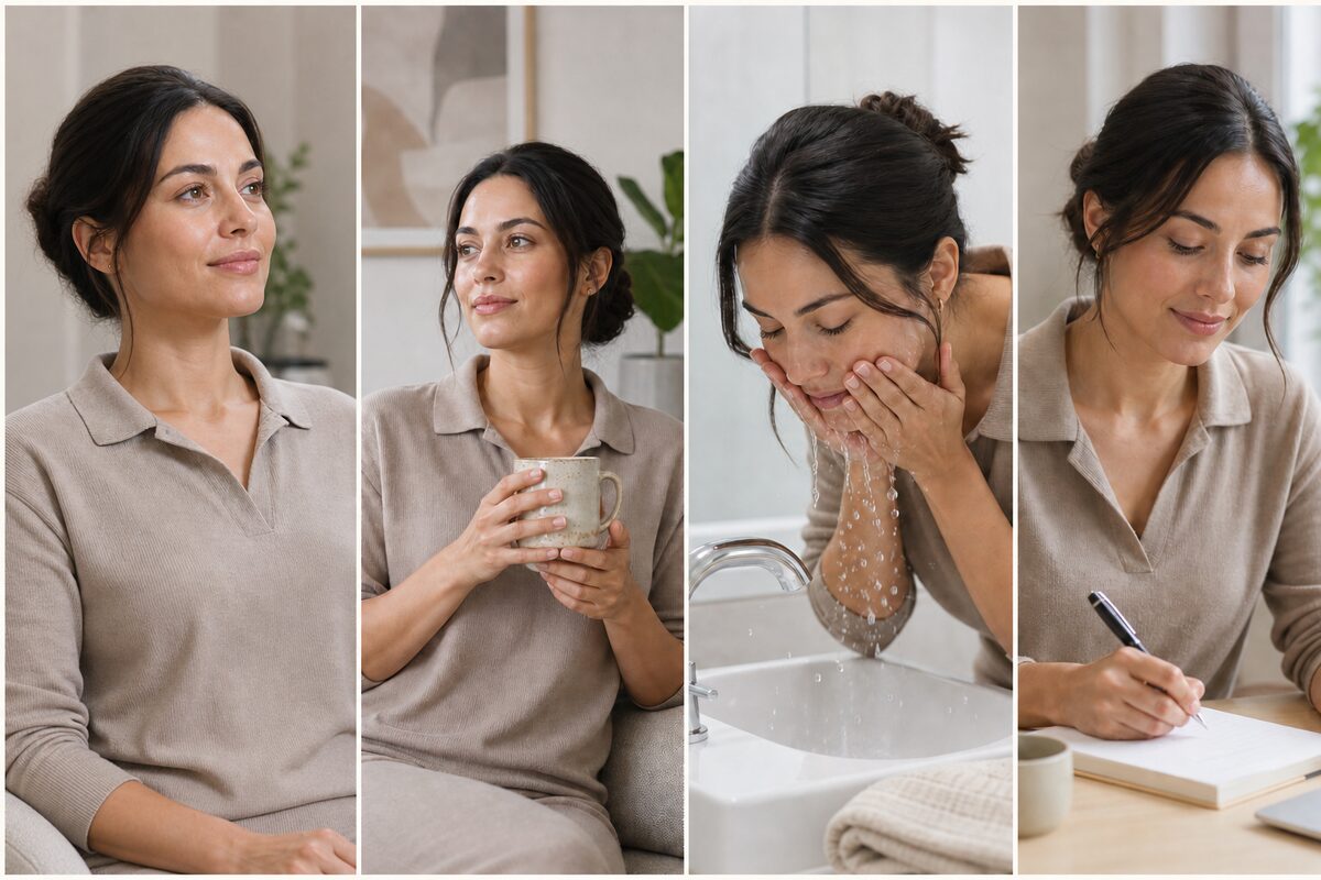 Four-panel editorial illustration of an upright, gentle first-day routine after botulinum toxin treatment