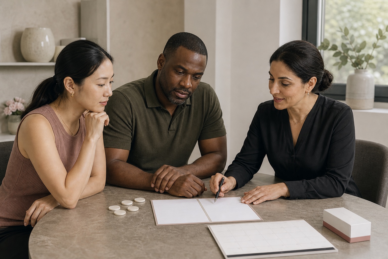 An East Asian woman and Black man review a blank quote and calendar with a Middle Eastern female clinician