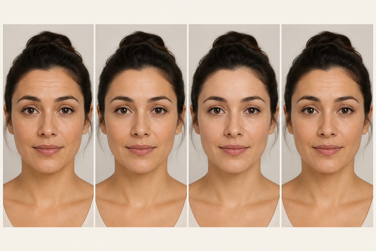 Four-panel editorial illustration of one fictional adult showing relative forehead-movement stages after cosmetic botulinum toxin