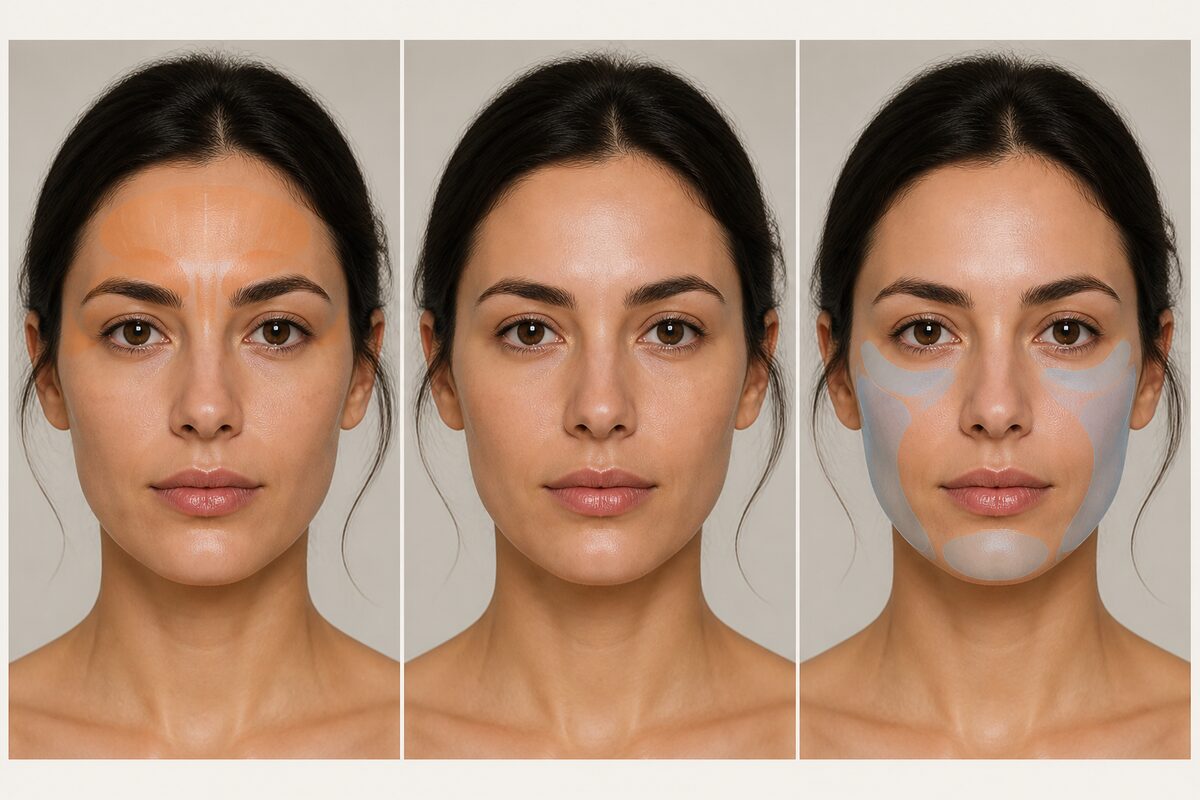 Three-panel editorial illustration comparing upper-face movement areas with facial volume areas