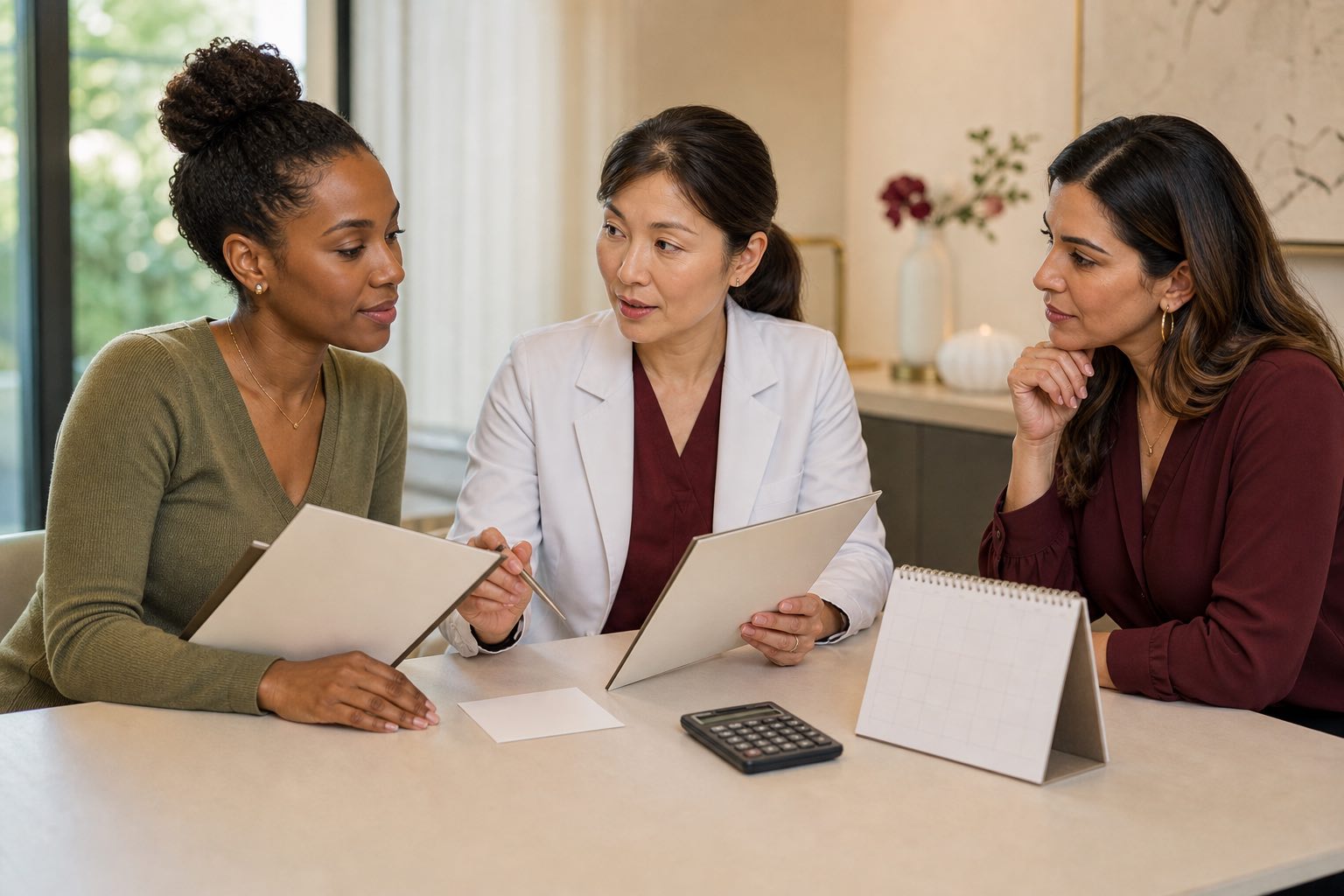 A Black prospective patient, East Asian clinician and Middle Eastern support person comparing blank surgery quote folders