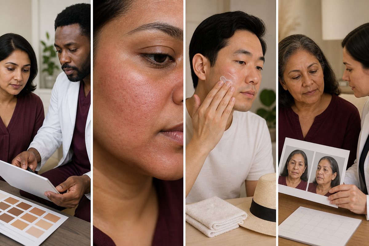 Four-panel editorial image of a South Asian woman consulting a Black clinician, a medium-brown cheek with a mild fractional response, an East Asian man applying plain aftercare and an older Latina woman reviewing standardized photographs