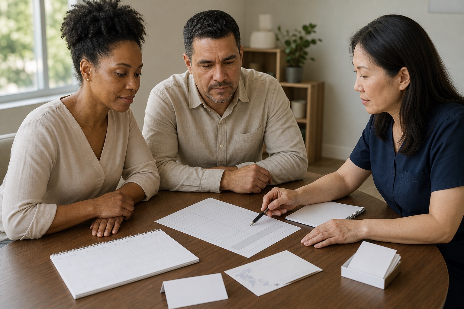 A Black woman and Latino man reviewing blank cost and travel planning sheets with an East Asian female care coordinator