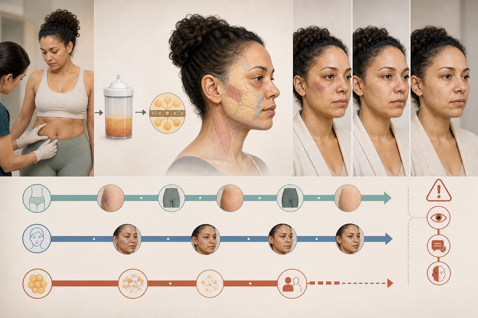 Donor-area assessment, neutral fat-processing symbols, facial soft-tissue compartments and separate donor, facial and graft-review timelines with an urgent visual and neurological branch