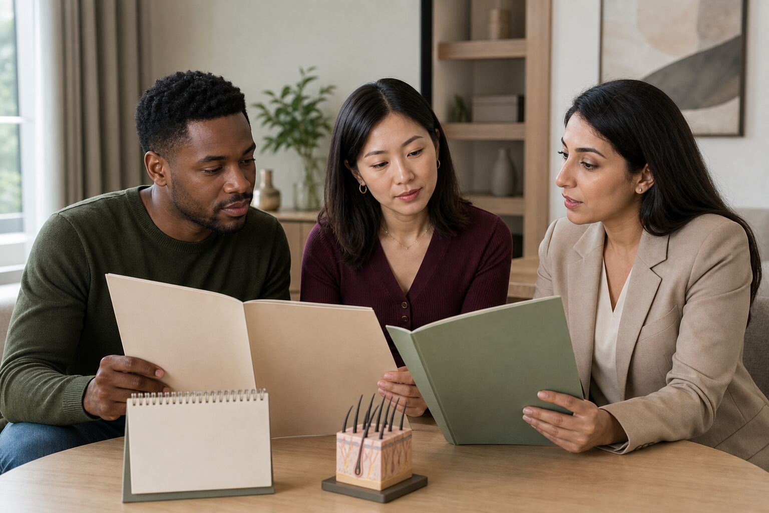 A Black man and East Asian woman compare two blank hair transplant quote folders with a Middle Eastern consultation professional