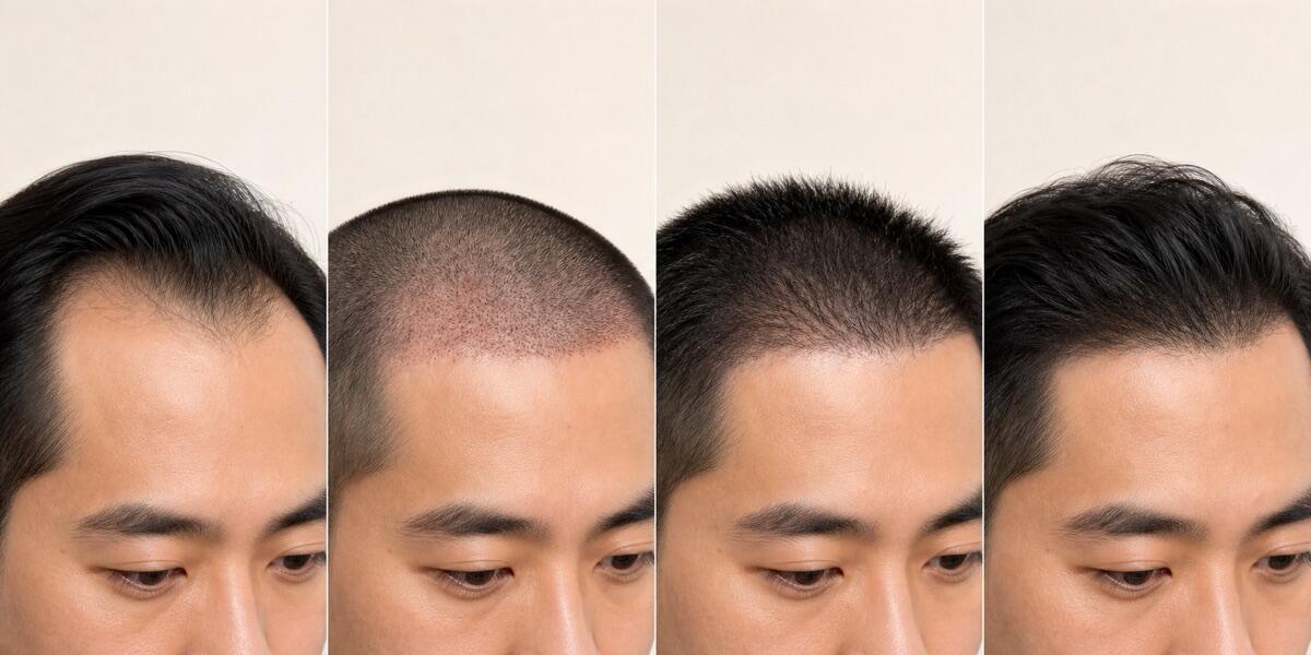 Four-panel editorial illustration of hair transplant recovery and gradual growth