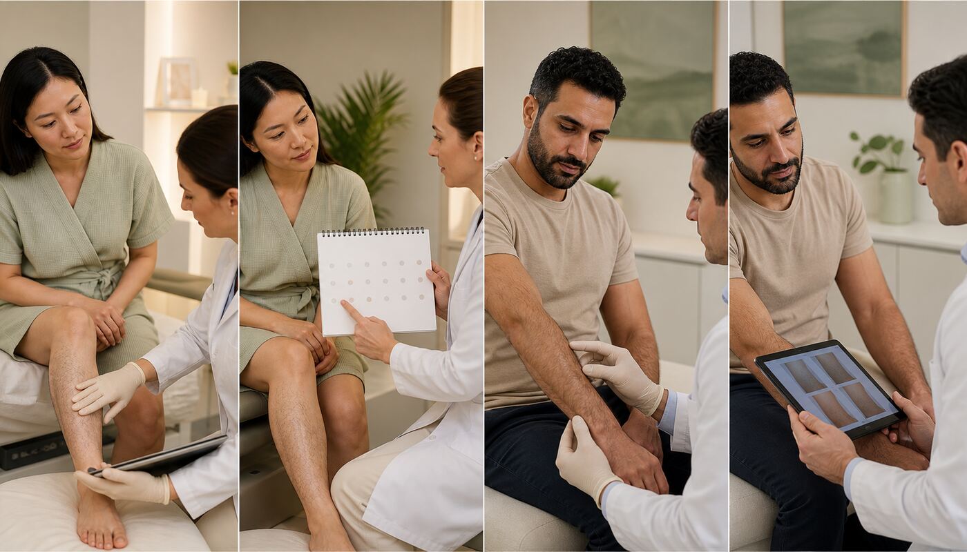 Four-panel editorial illustration with distinct adult female and male models discussing baseline, repeated laser hair removal sessions and maintenance review