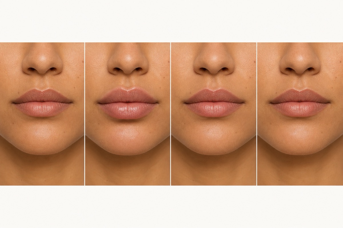 Four-panel editorial illustration of lip appearance from baseline through early swelling and settling
