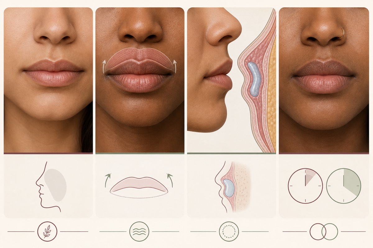 Editorial comparison of natural lips, upper-lip muscle relaxation, a simplified filler tissue cross-section and two different duration clocks