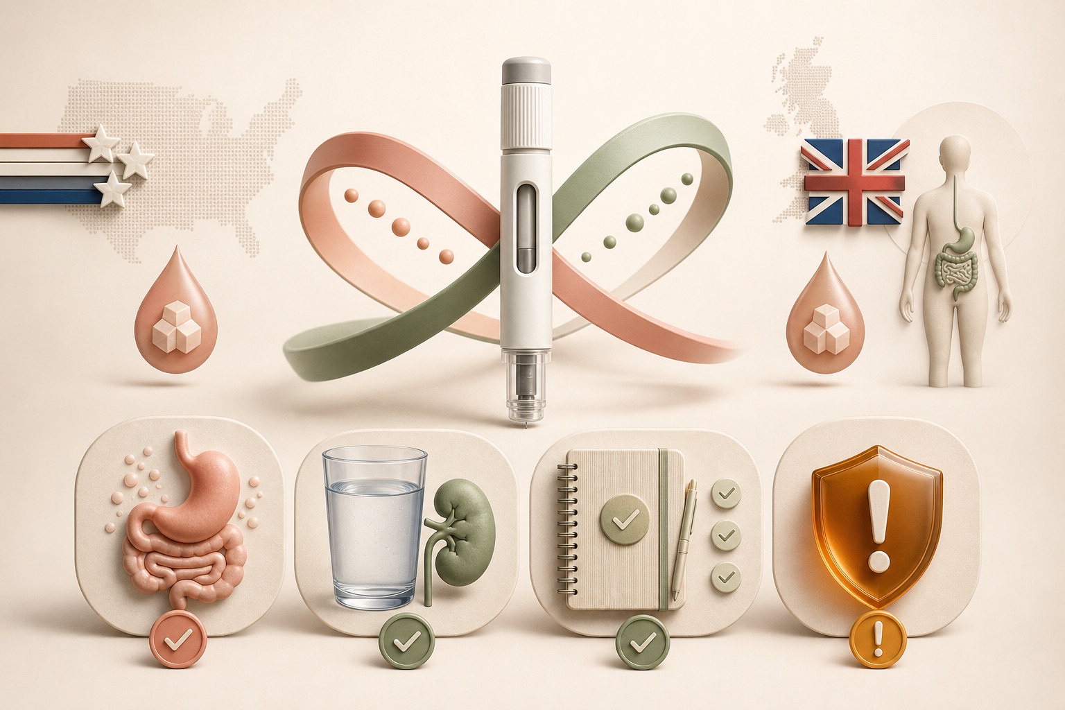 Unbranded tirzepatide pen between United States and United Kingdom label contexts above digestive, hydration, symptom-record and warning symbols