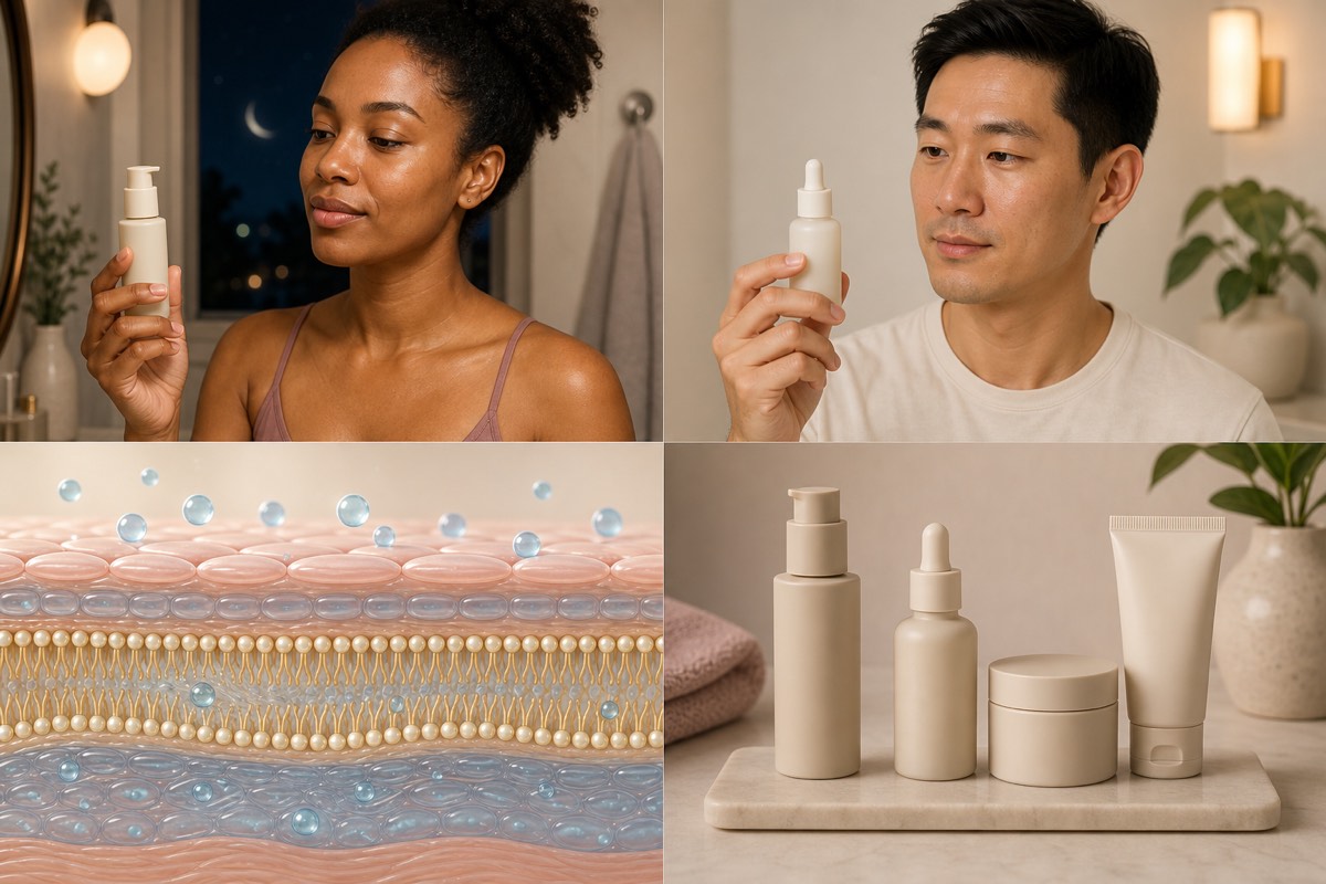 Four-panel editorial illustration of distinct adult female and male models holding unbranded skincare formulas, a simplified skin-barrier cutaway and a stable basic routine