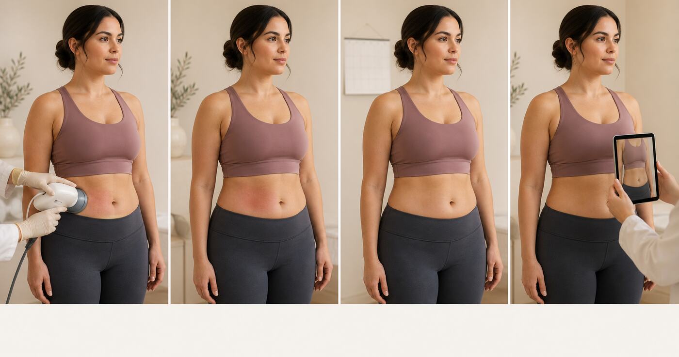 Four-panel editorial illustration of the same adult during nonsurgical body-contouring treatment, local response and reassessment