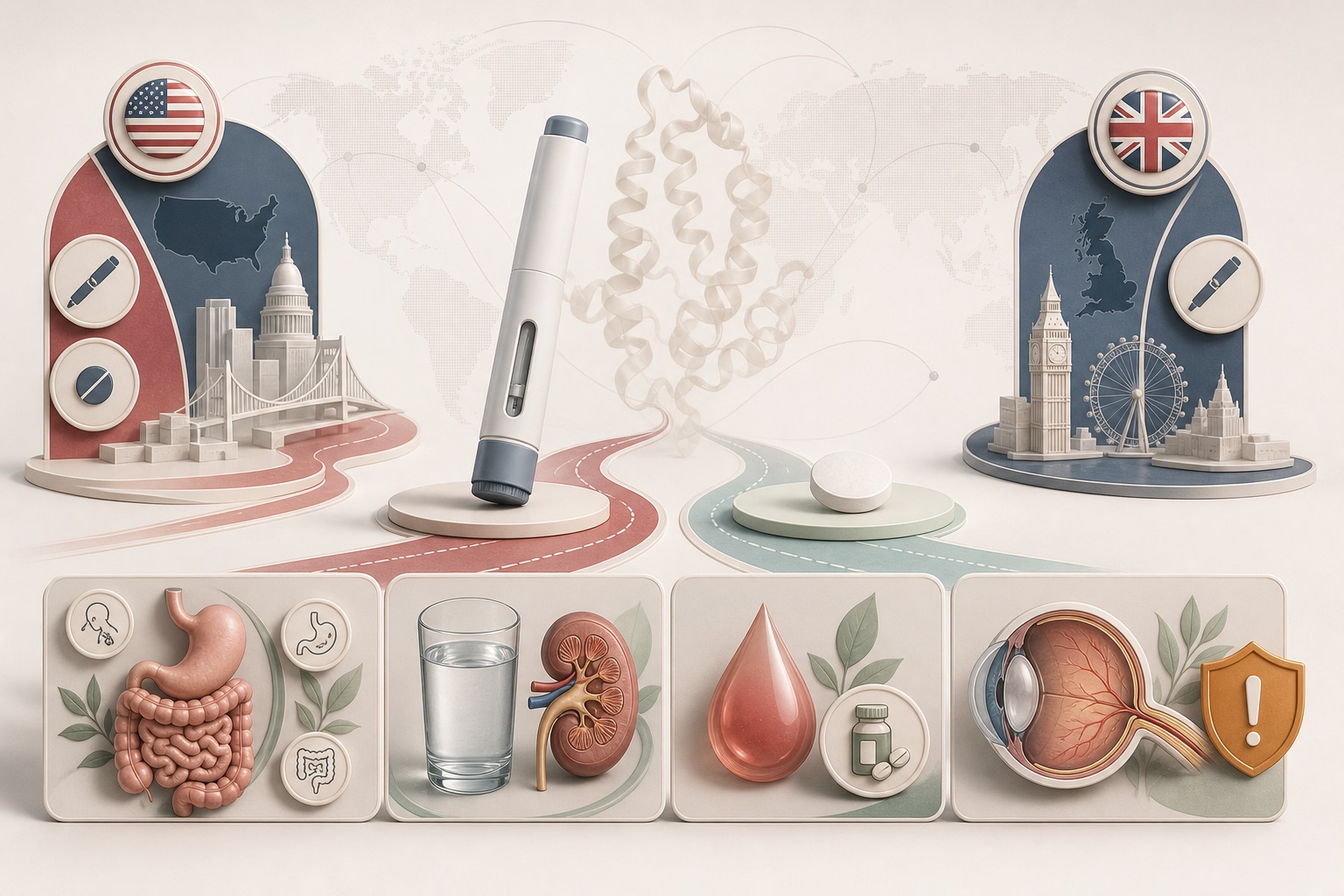 Unbranded injection pen and tablet between United States and United Kingdom product contexts above digestive, hydration, glucose and vision-warning panels