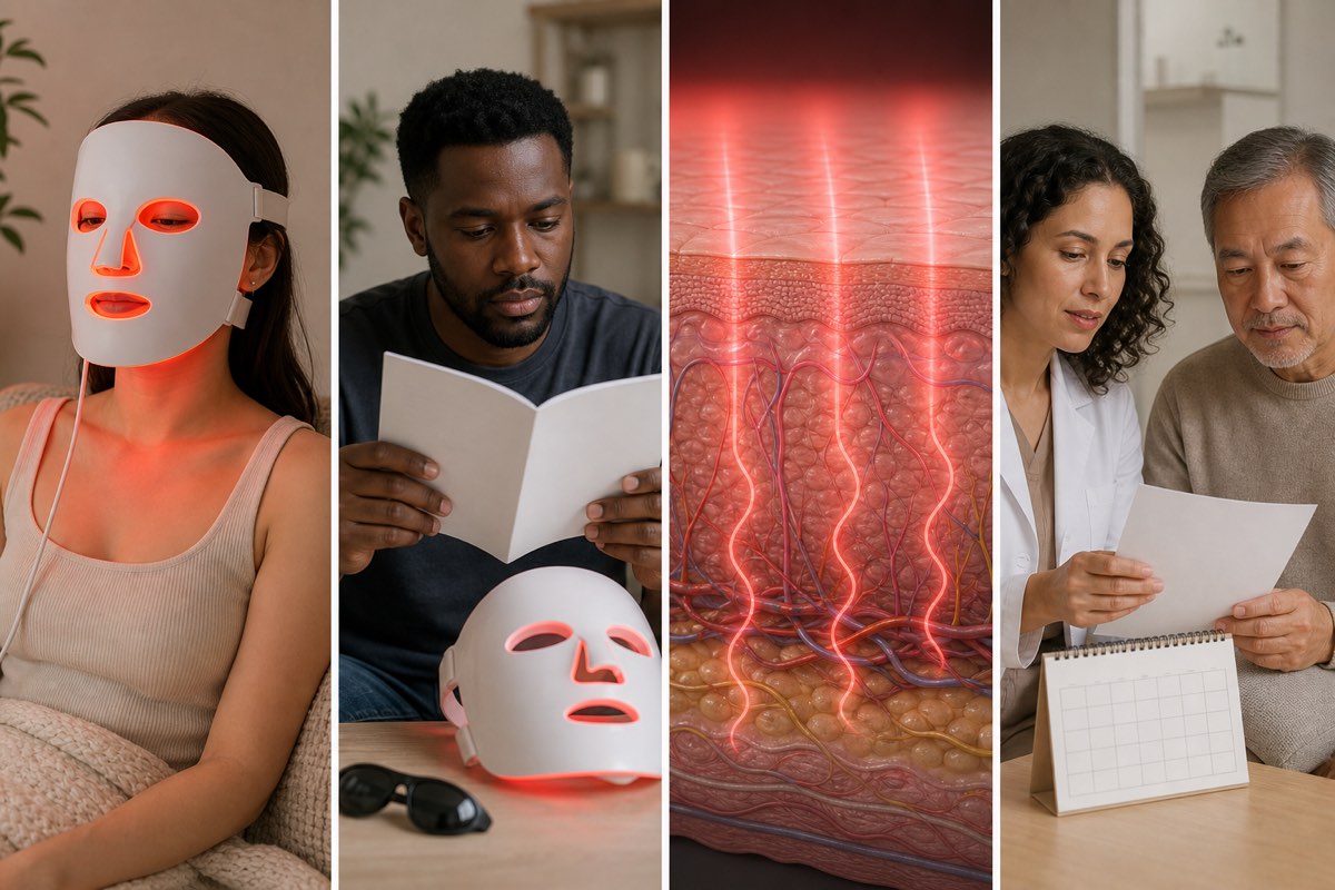 Four-panel editorial image of an East Asian woman using an unbranded LED mask, a Black man reading instructions, a simplified light-and-skin cutaway and two adults reviewing a device schedule