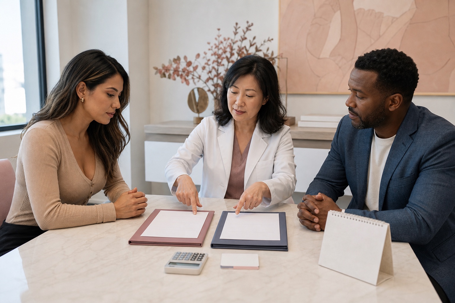 A Latina woman and Black man comparing two blank rhinoplasty quote folders with an East Asian female surgeon