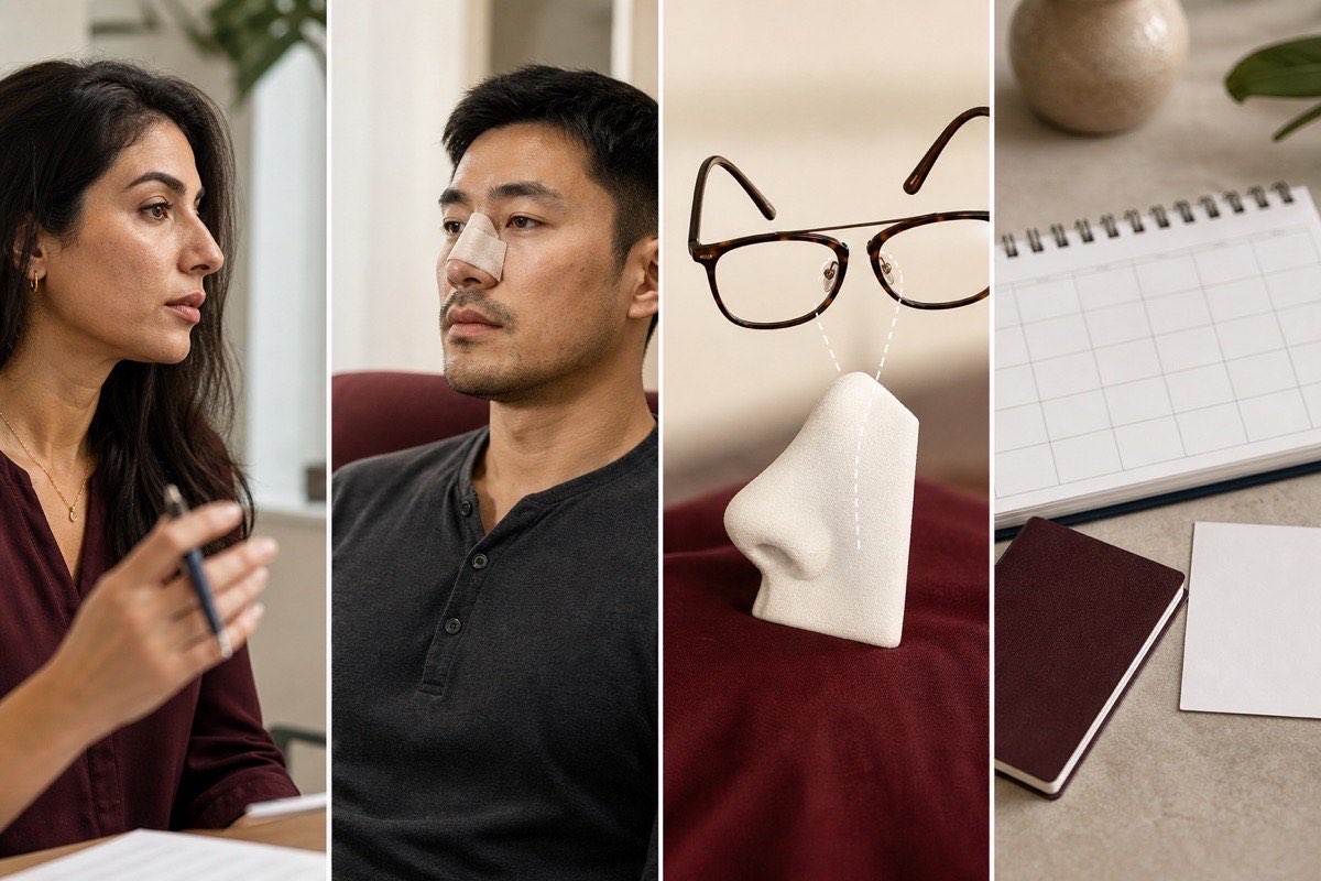 Four-panel editorial image of a Middle Eastern woman in consultation, an East Asian man with a clean nasal splint, glasses held away from a nose model and a blank follow-up calendar