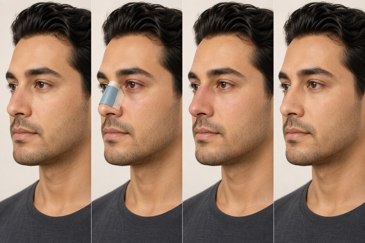 Four-panel editorial illustration of rhinoplasty recovery from splint to later settling