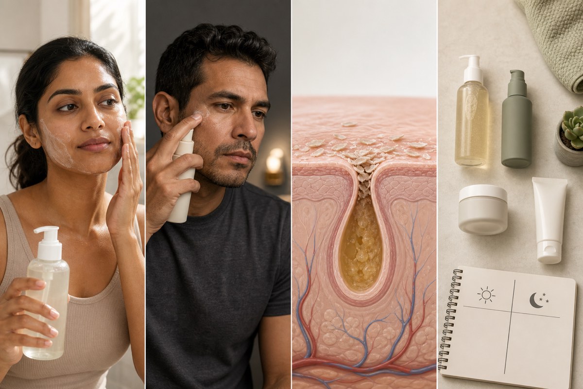 Four-panel editorial image of a South Asian woman using a facial cleanser, a Latino man using a separate skincare pump, a simplified clogged-pore cutaway and an unbranded day-and-night routine