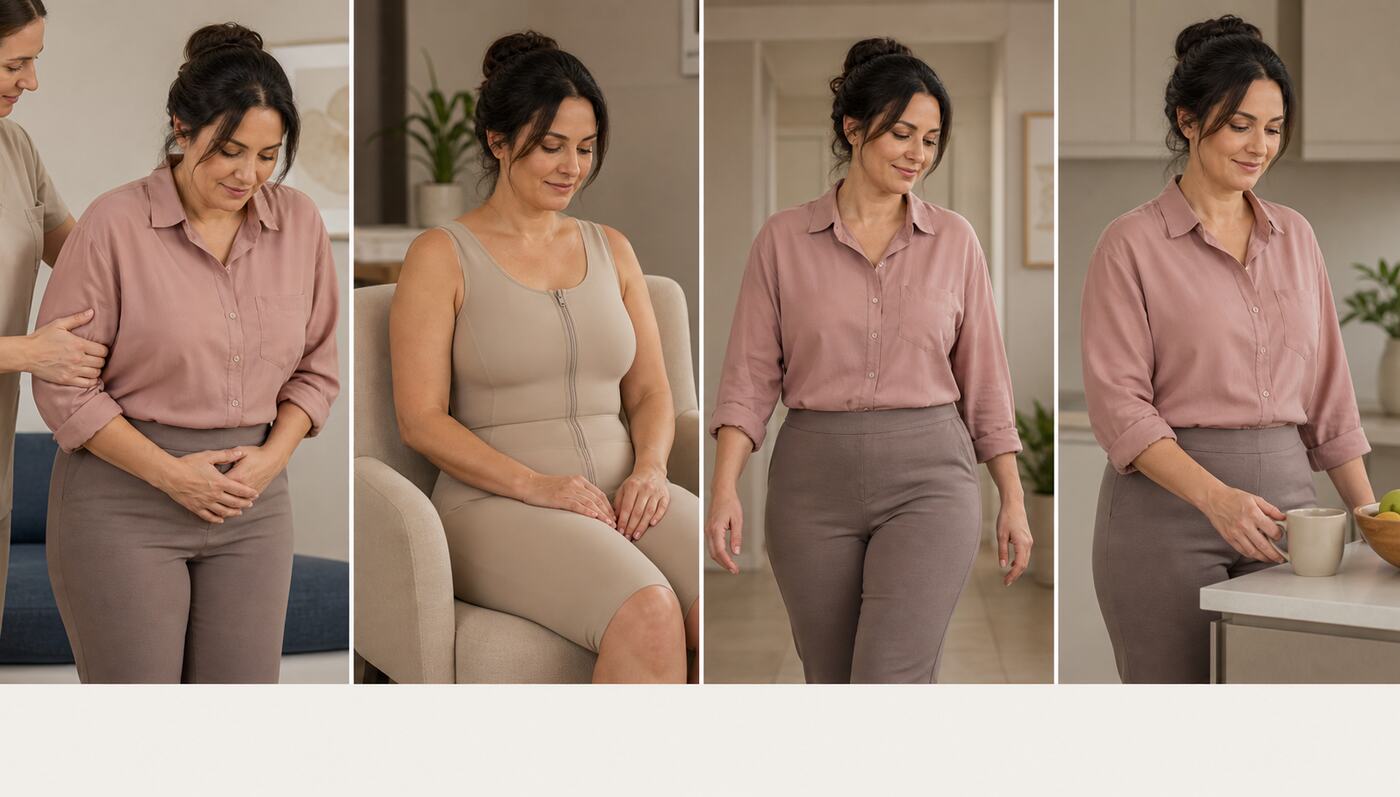 Four-panel clothed editorial illustration of protected posture, compression, walking and light-routine return after tummy tuck